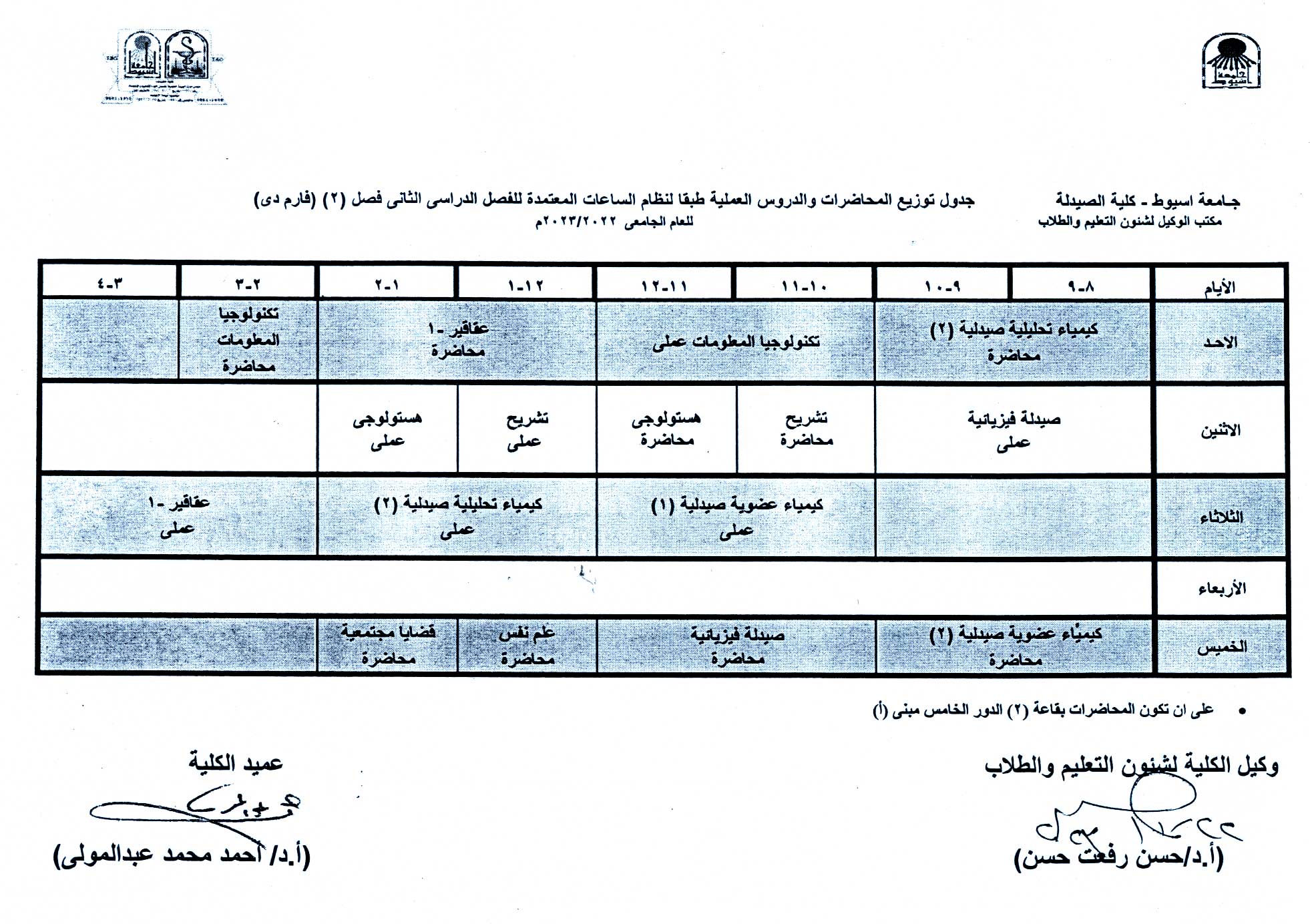 2.	جدول توزيع المحاضرات والدروس العملية طبقا لنظام الساعات المعتمدة لبرنامج الصيدلة الاكلينيكية الفصل الدراسى الثانى للعام الجامعى 2022/2023م