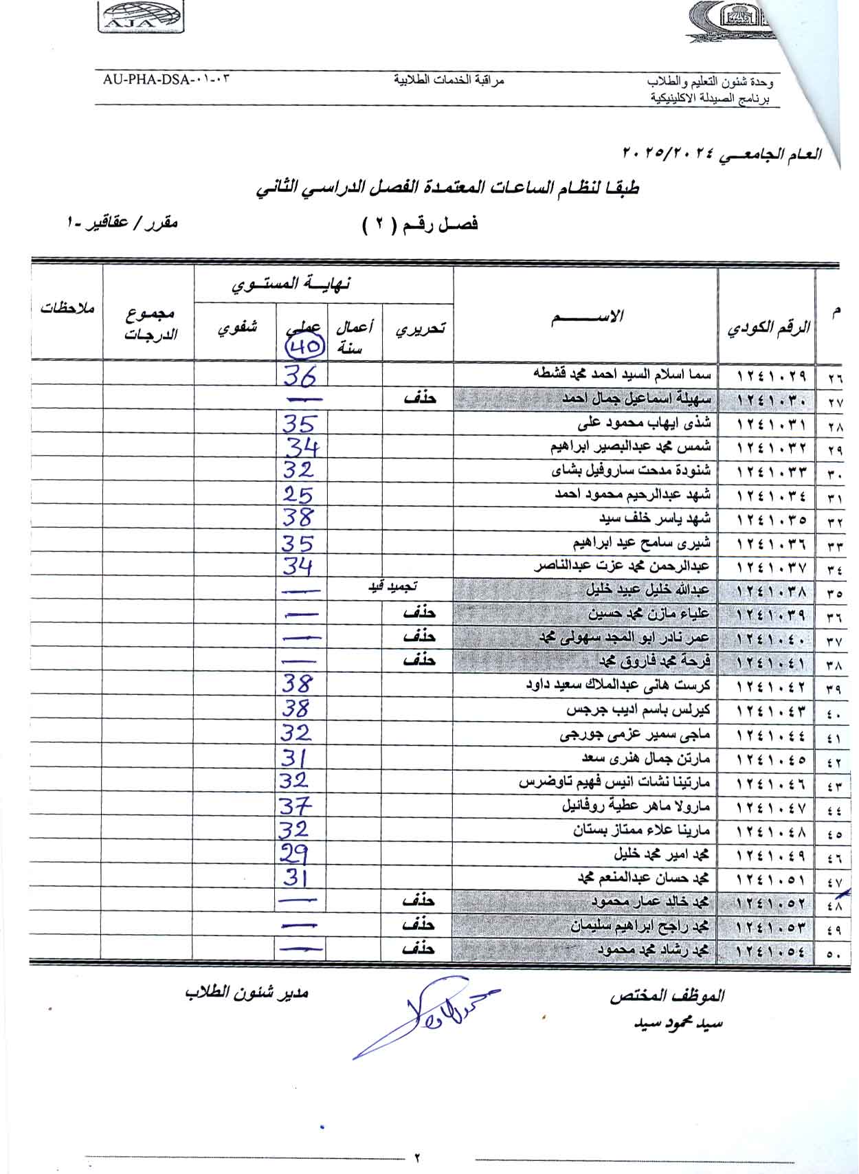 كشف درجات العملى لطلاب فصل (2) مقرر عقاقير-1