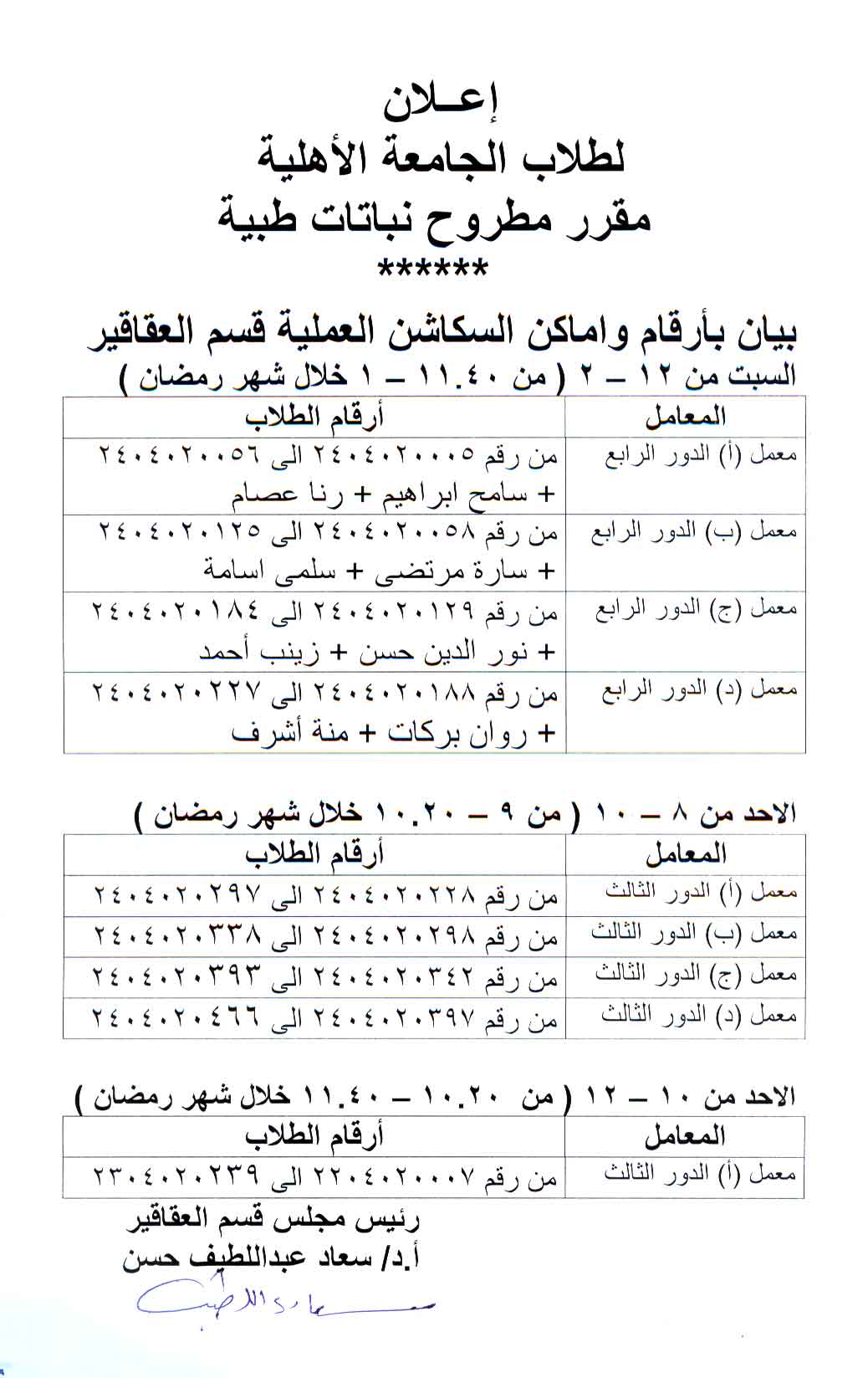 إعلان لطلاب الجامعة الأهلية بيان بأرقام واماكن السكاشن العملية بقسم العقاقير لمقرر مطروح نباتات طبية