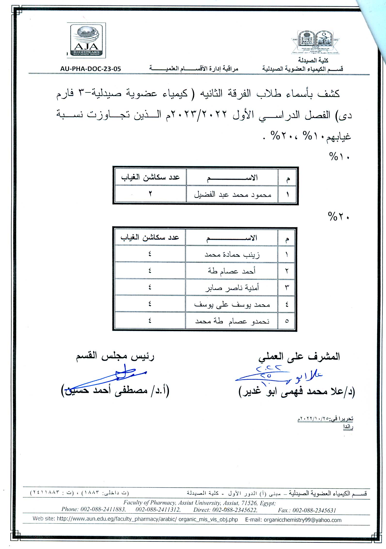 قسم الكيمياء العضوية الصيدلية يعلن عن قائمة بأسماء الطلاب الذين تجاوزت نسبة غيابهم
