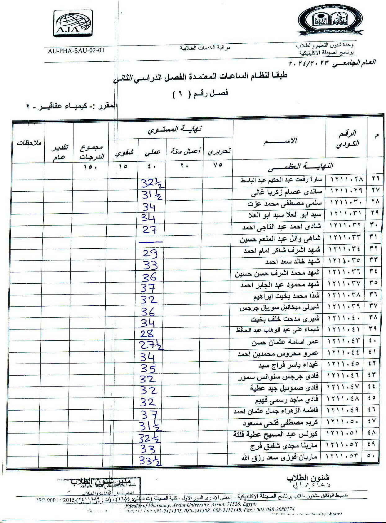 نتيجة العملى لمقرر كيمياء عقاقير-2 لطلاب برنامج الصيدلة الاكلينيكية فصل (6)