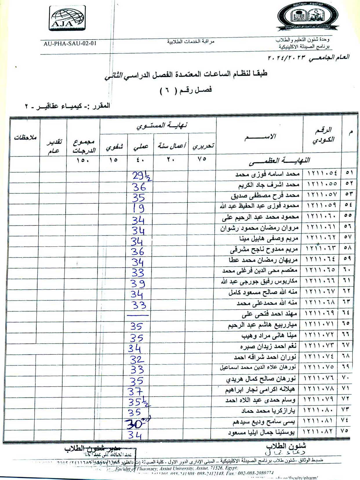 نتيجة العملى لمقرر كيمياء عقاقير-2 لطلاب برنامج الصيدلة الاكلينيكية فصل (6)