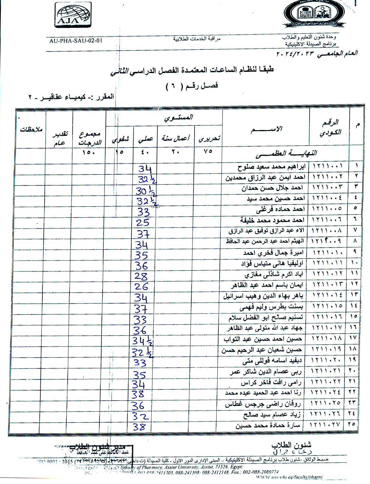 نتيجة العملى لمقرر كيمياء عقاقير-2 لطلاب برنامج الصيدلة الاكلينيكية فصل (6)