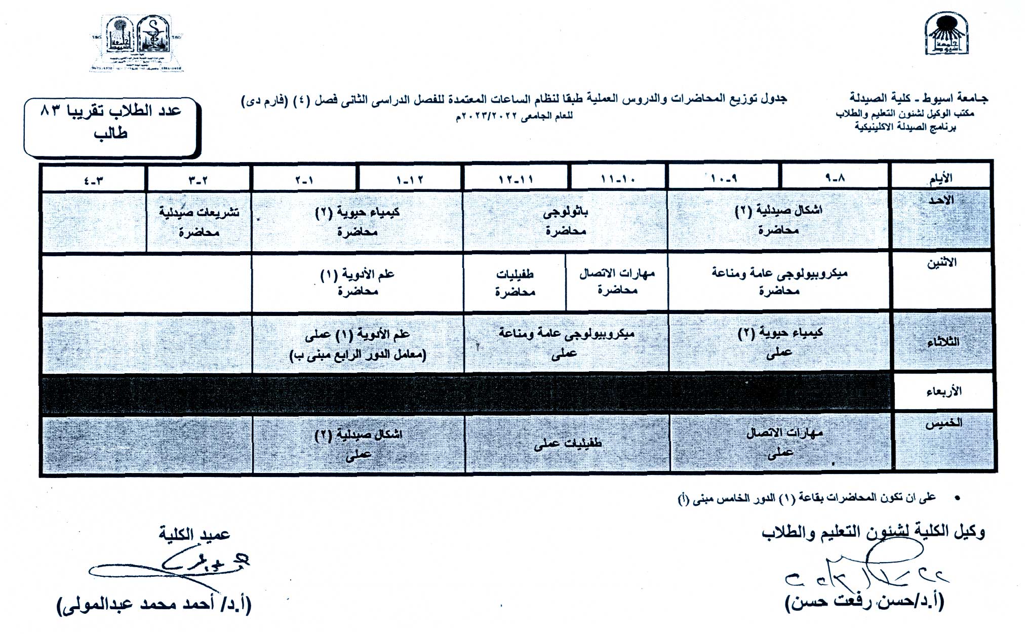 جدول توزيع المحاضرات والدروس العملية طبقا لنظام الساعات المعتمدة برنامج الصيدلة الاكلينيكية الفصل الدراسى الثانى للعام الجامعى 2023/2022م