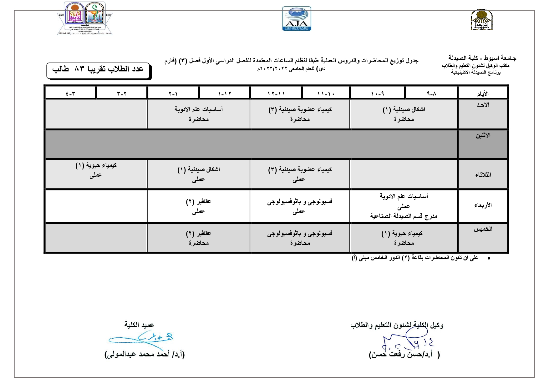 جدول توزيع المحاضرات والدروس العملية طبقا لنظام الساعات المعتمدة لبرنامج الصيدلة الاكلينيكية للفصل الدراسى الأول للعام الجامعى 2022/2023م