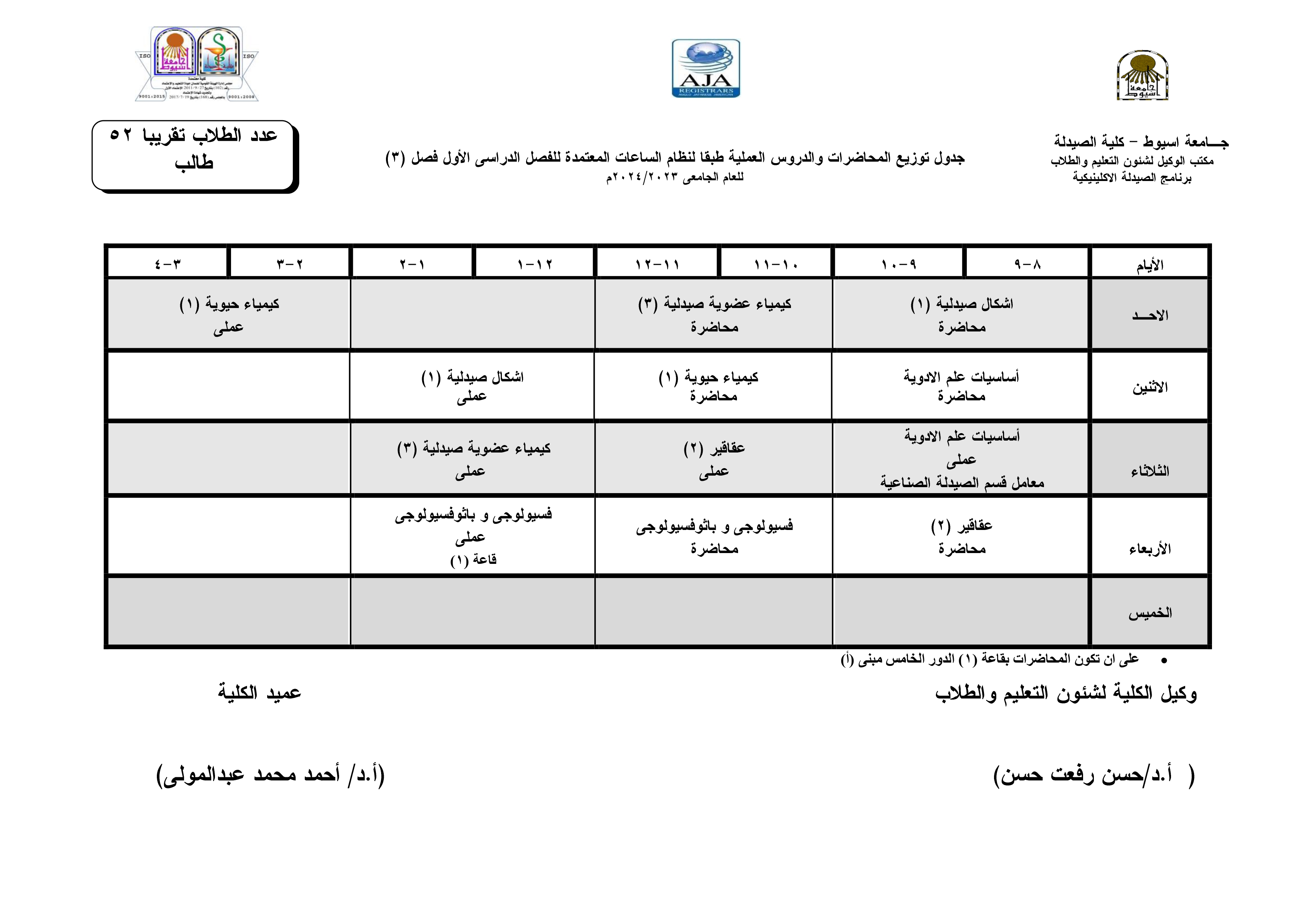 جدول توزيع المحاضرات والدروس العملية طبقا لنظام الساعات المعتمدة فارم دى(برنامج الصيدلة الاكلينيكية) للفصل الدراسى الأول للعام الجامعى 2024/2023م