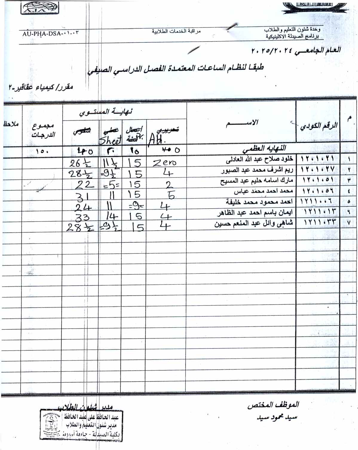كشف درجات لطلاب فارم دى لمقرر عقاقير تطبيقي وشرعي  الفصل الصيفي وعلى من يرغب فى تقديم التماس فى درجة امتحان العملي ونظري العملي يسجل اسمه لدي سكرتارية القسم 