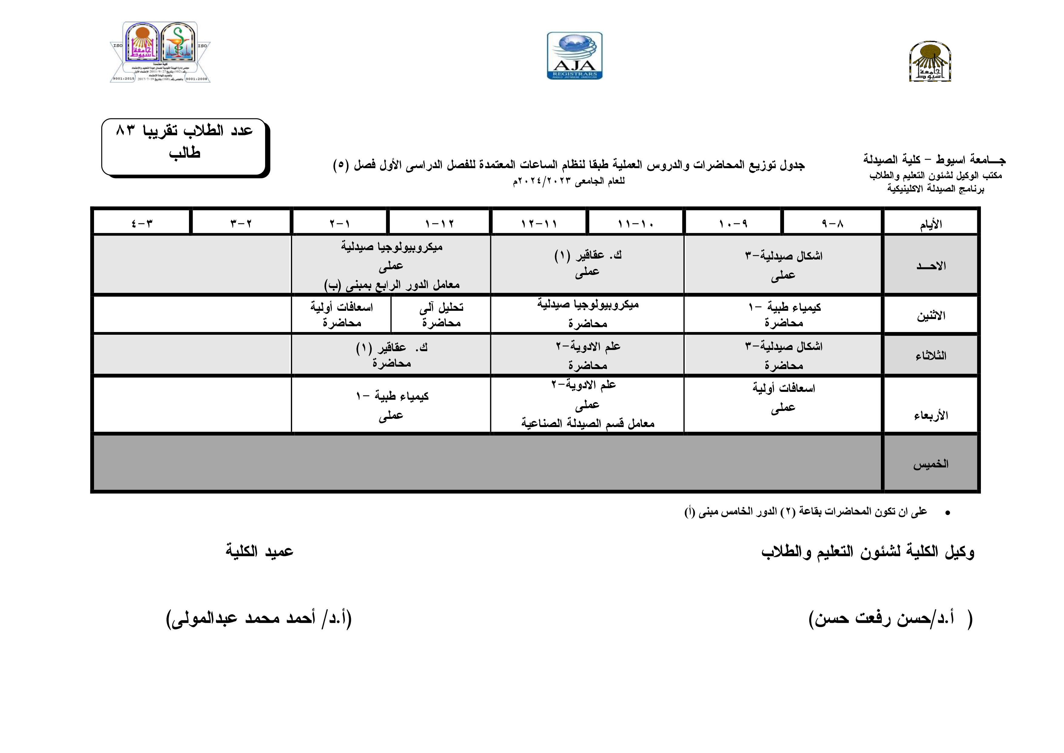 جدول توزيع المحاضرات والدروس العملية طبقا لنظام الساعات المعتمدة فارم دى(برنامج الصيدلة الاكلينيكية) للفصل الدراسى الأول للعام الجامعى 2024/2023م