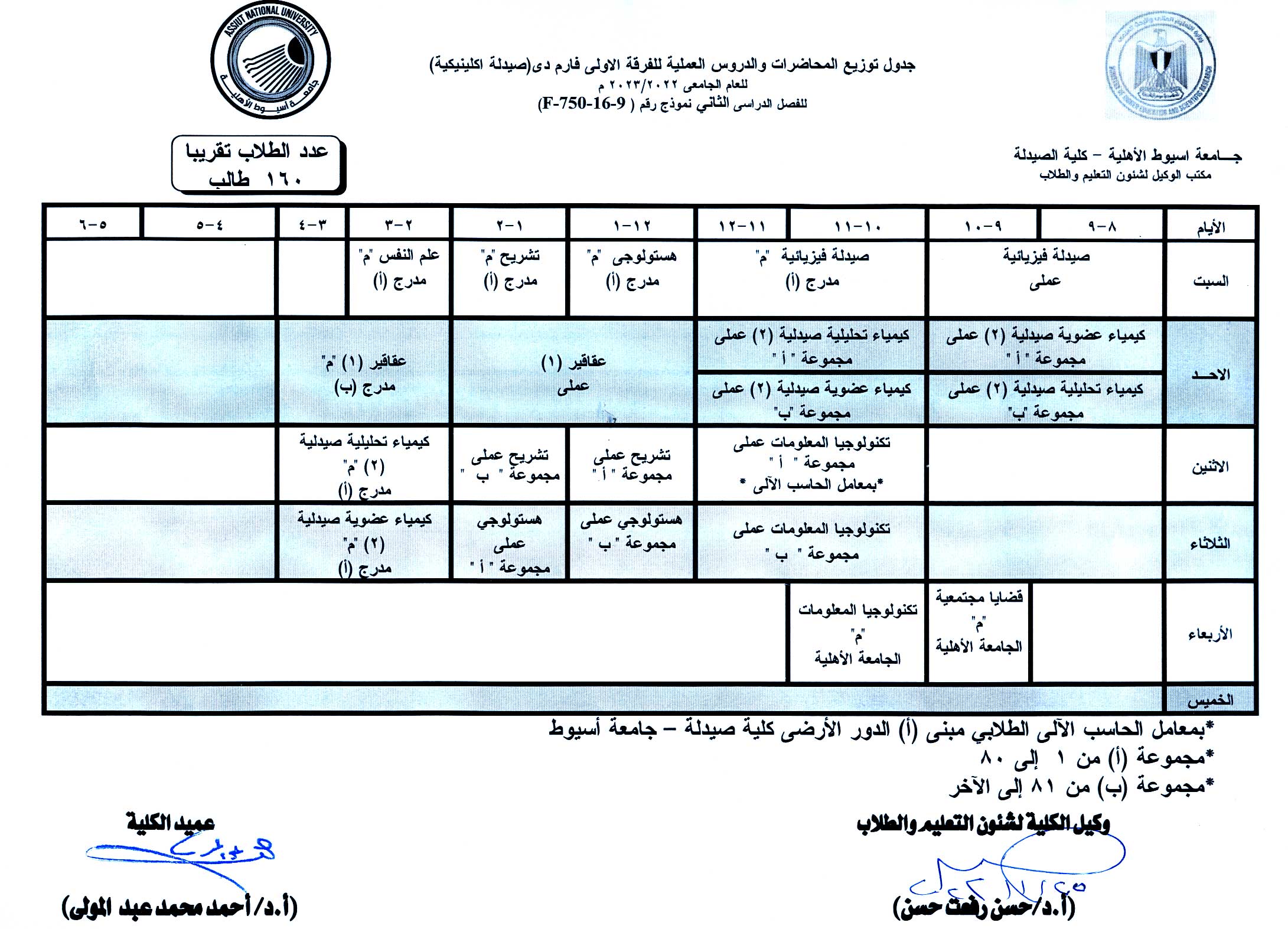 جدول توزيع المحاضرات والدروس العملية للفرقة الاولى فارم دى برنامج الصيدلة الإكلينيكية  بالجامعة الأهلية الفصل الدراسي الثانى للعام الجامعى 2022 / 2023م