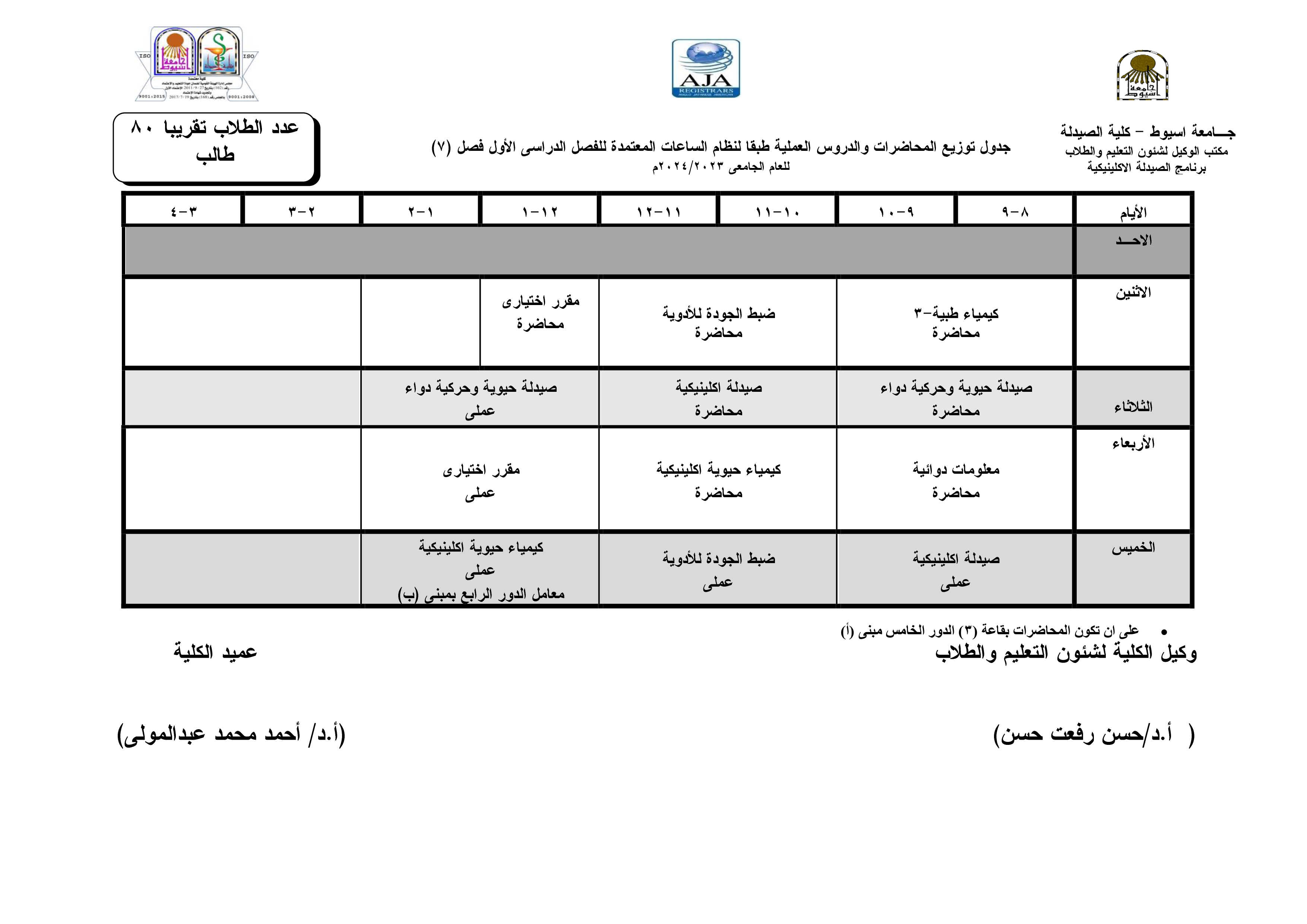جدول توزيع المحاضرات والدروس العملية طبقا لنظام الساعات المعتمدة فارم دى(برنامج الصيدلة الاكلينيكية) للفصل الدراسى الأول للعام الجامعى 2024/2023م