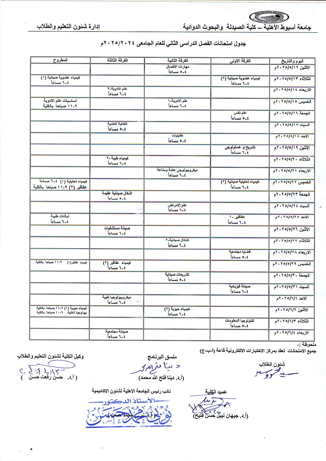 الجدول النهائى لإمتحانات الفصل الدراسى الثانى للعام الجامعى 2024/2025م جامعة أسيوط الأهلية – كلية الصيدلة والبحوث الدوائية