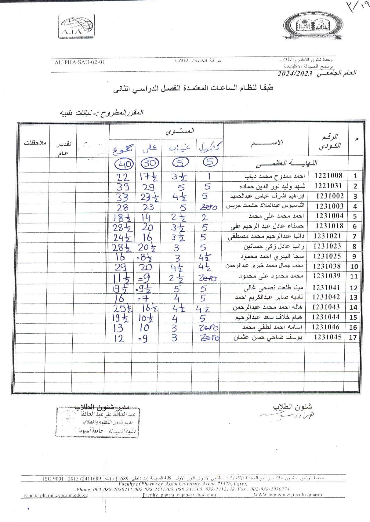 نتيجة العملى  لطلاب برنامج الصيدلة الاكلينيكية مقرر مطروح نباتات طبيه