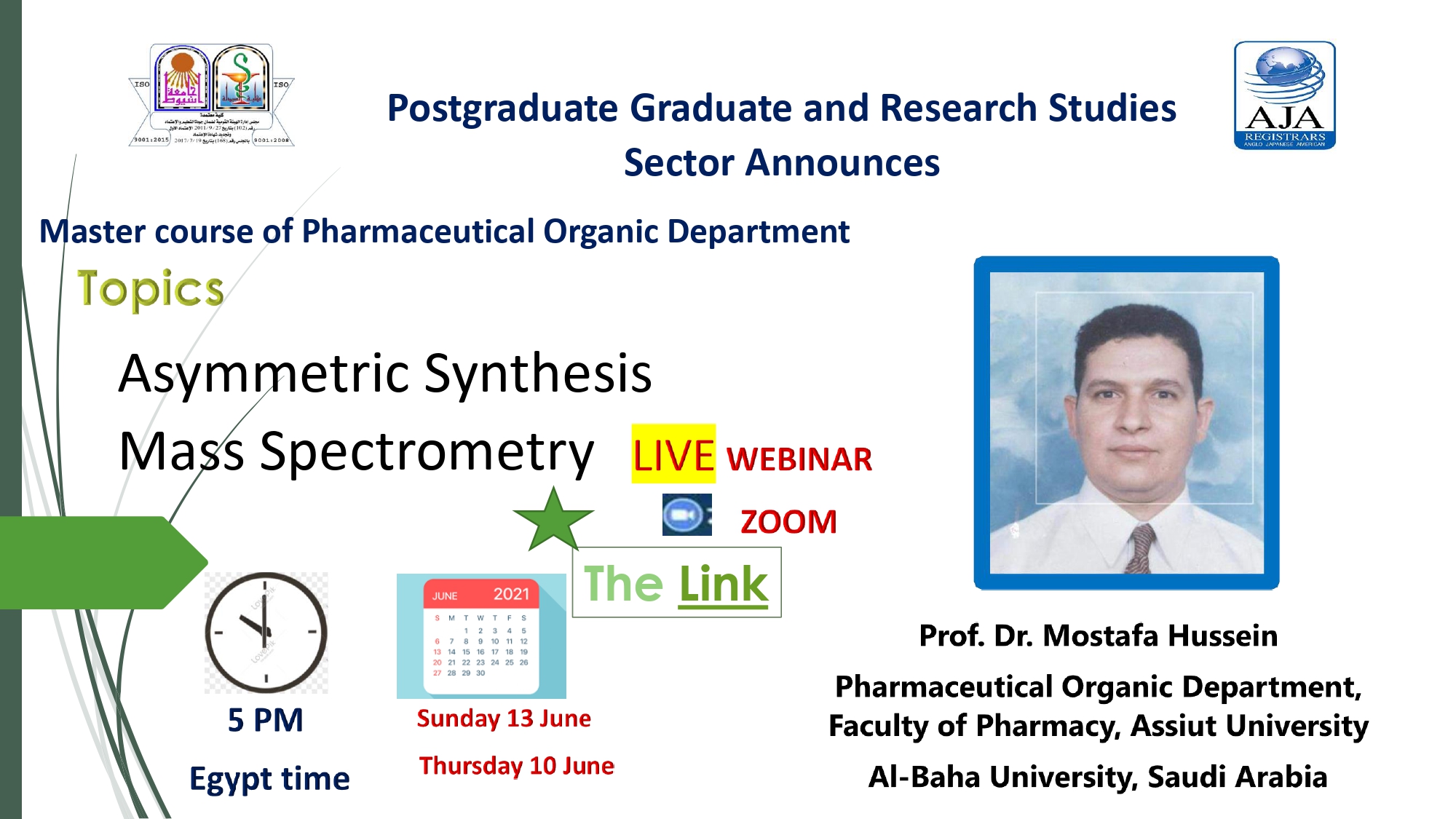 يعلن قطاع الدراسات والبحوث عن محاضرة للسيد الأستاذ الدكتور/ مصطفى حسين - الأستاذ بقسم الكيمياء العضوية - كلية الصيدلة - جامعة أسيوط