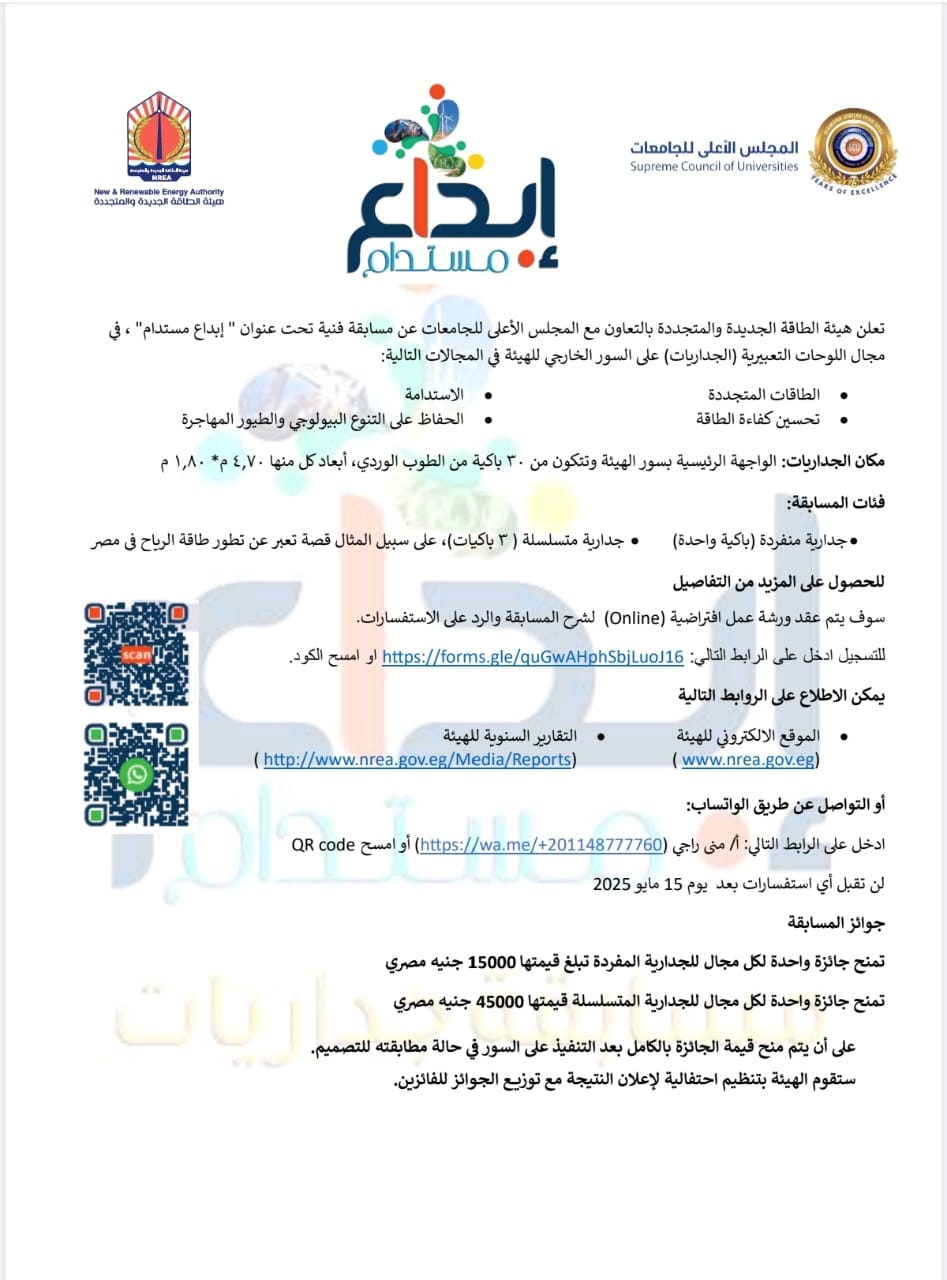 إعلان هيئة الطاقة المتجددة بالتعاون مع المجلس الاعلى للجامعات عن مسابقة "ابداع مستدام" لرسم جداريات على السور الخارجى للهيئة.