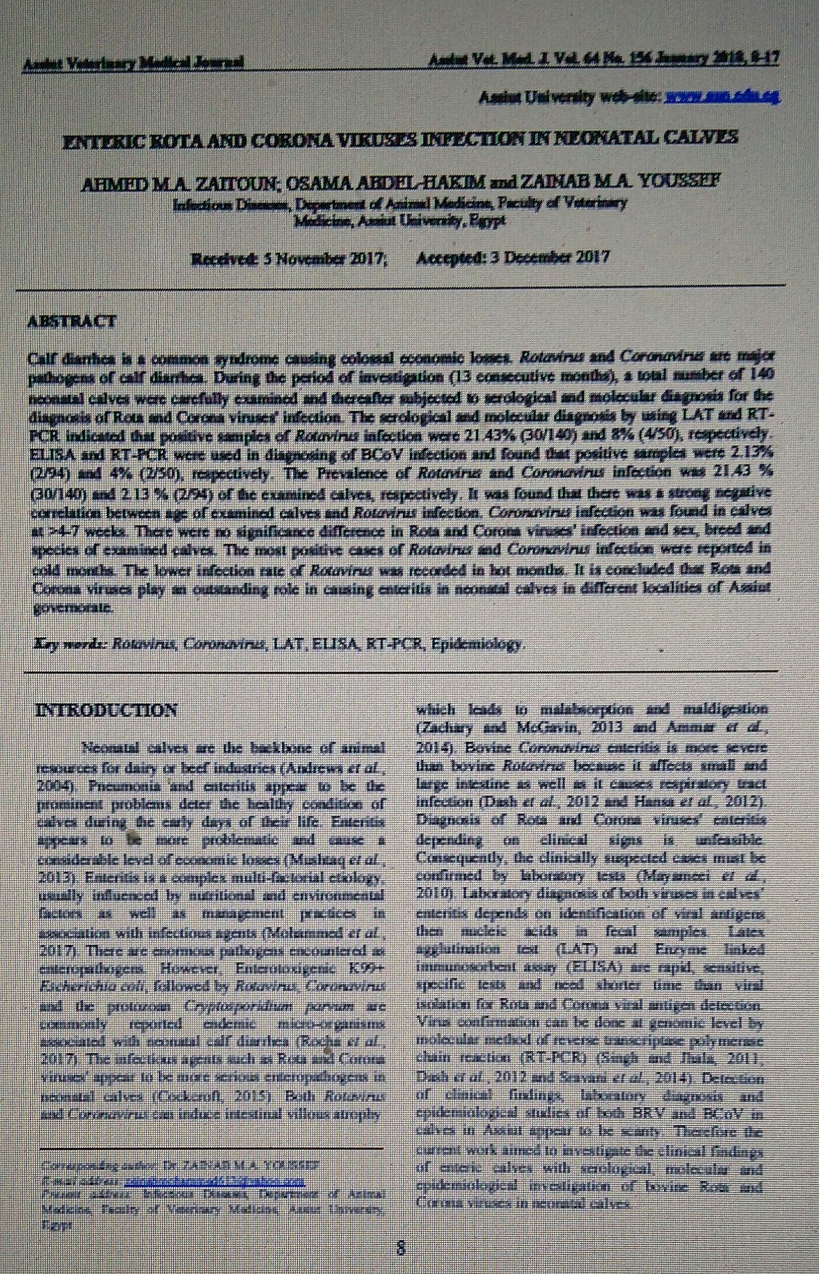 ENTERIC ROTA AND CORONA VIRUSES INFECTION IN NEONATAL CALVES