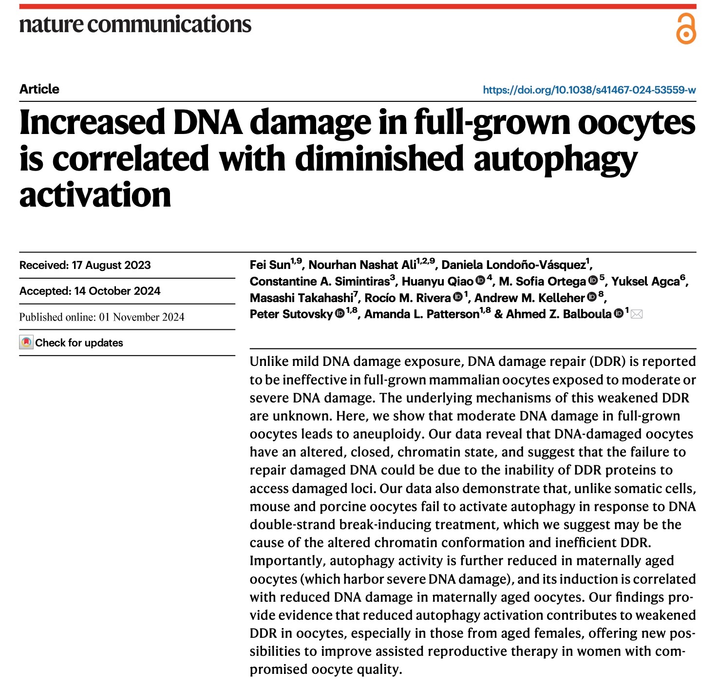 the paper's title and abstract with the authors' names on nature communoication journal 